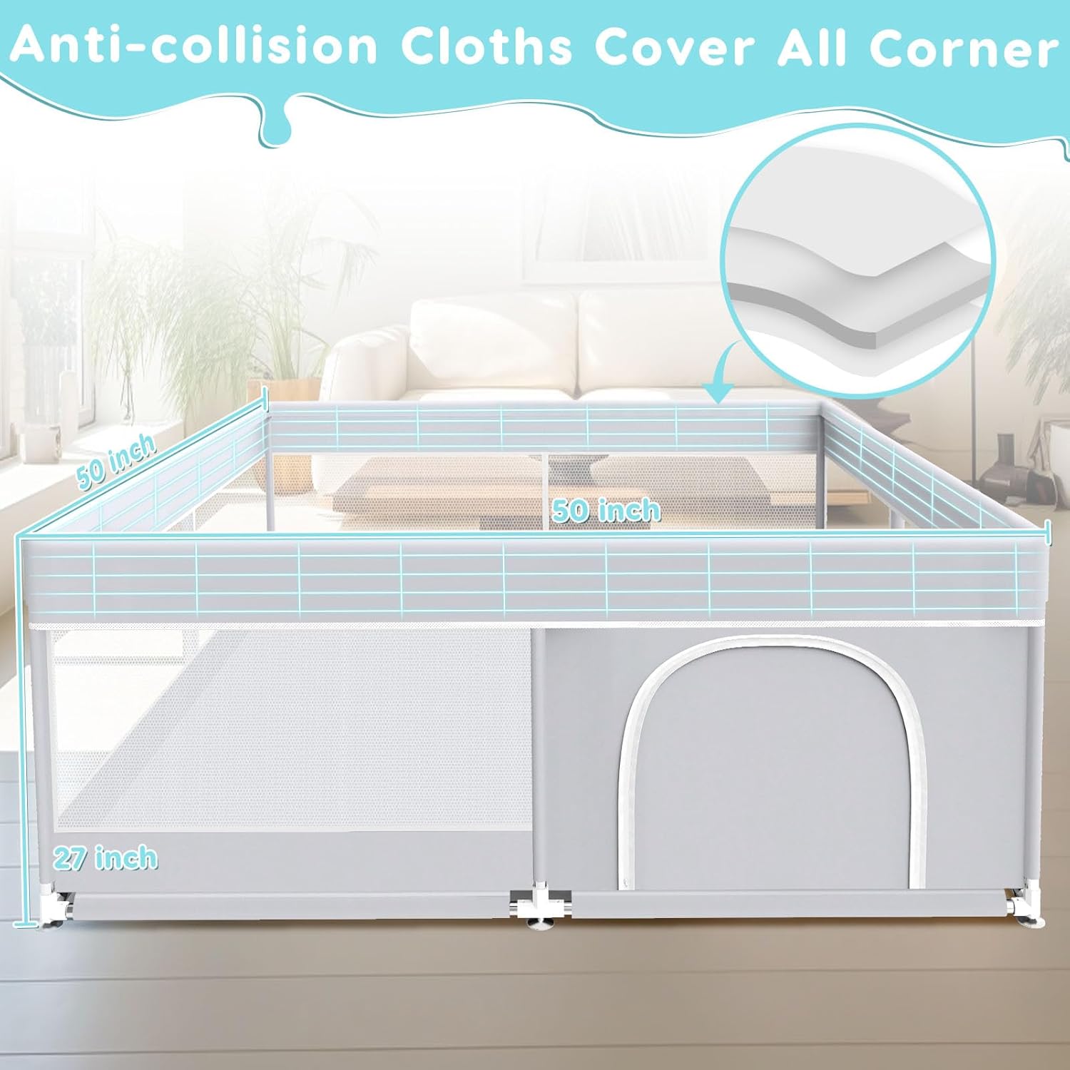 Grey 50*50*27 inches  Baby Playpen, 50x50 Inch Baby Playard for Babies and Toddlers, Play Pens for Indoor & Outdoor, Sturdy Safety Play Yard with Soft Breathable Mesh, Anti-Fall, Grey